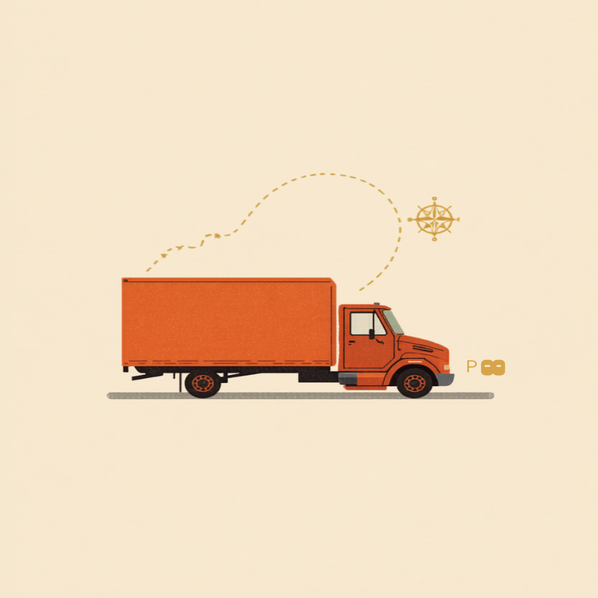 Editorial illustration of a box truck with pallets, compass rose, and route line